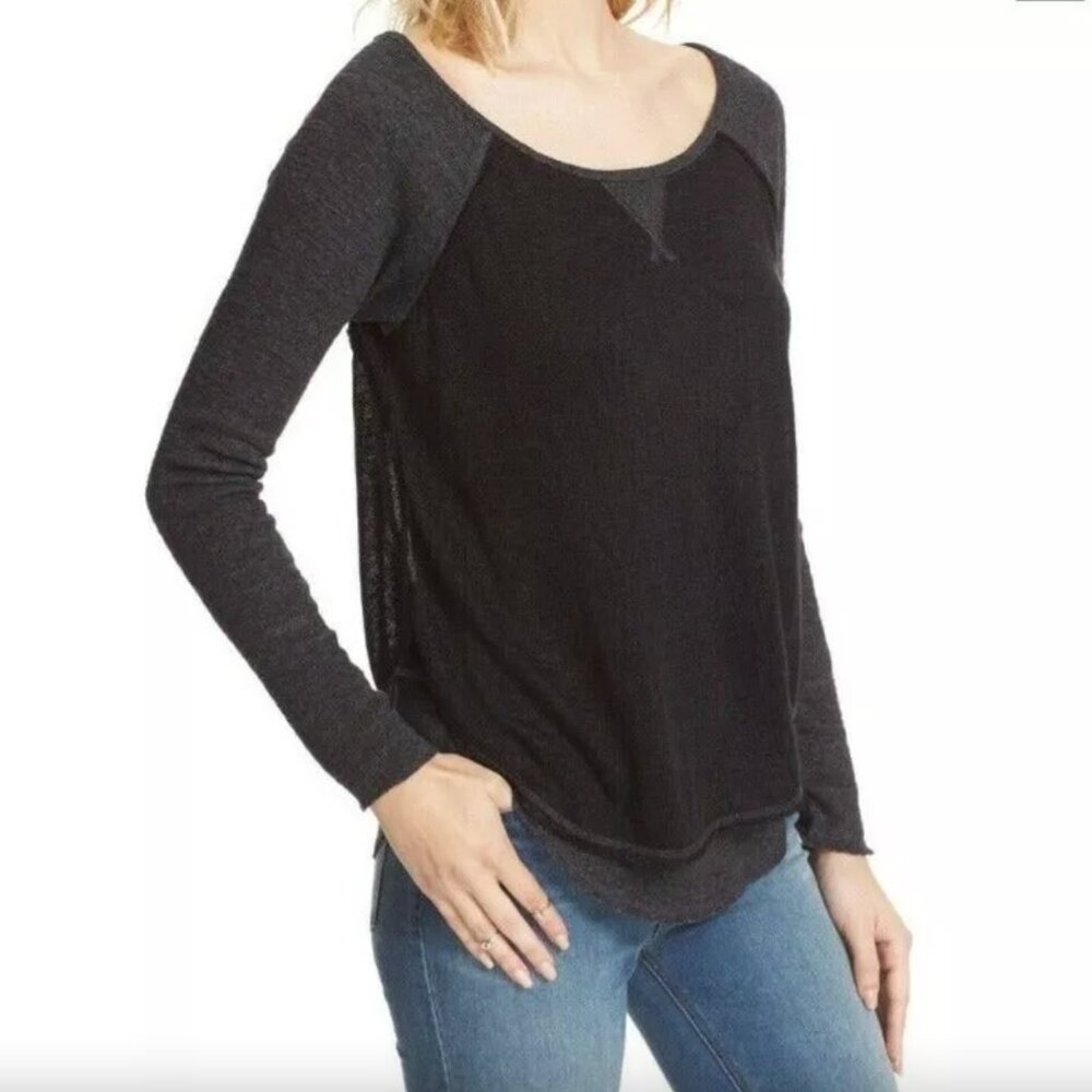 Free People Black & Grey Long Sleeve Baseball Tee